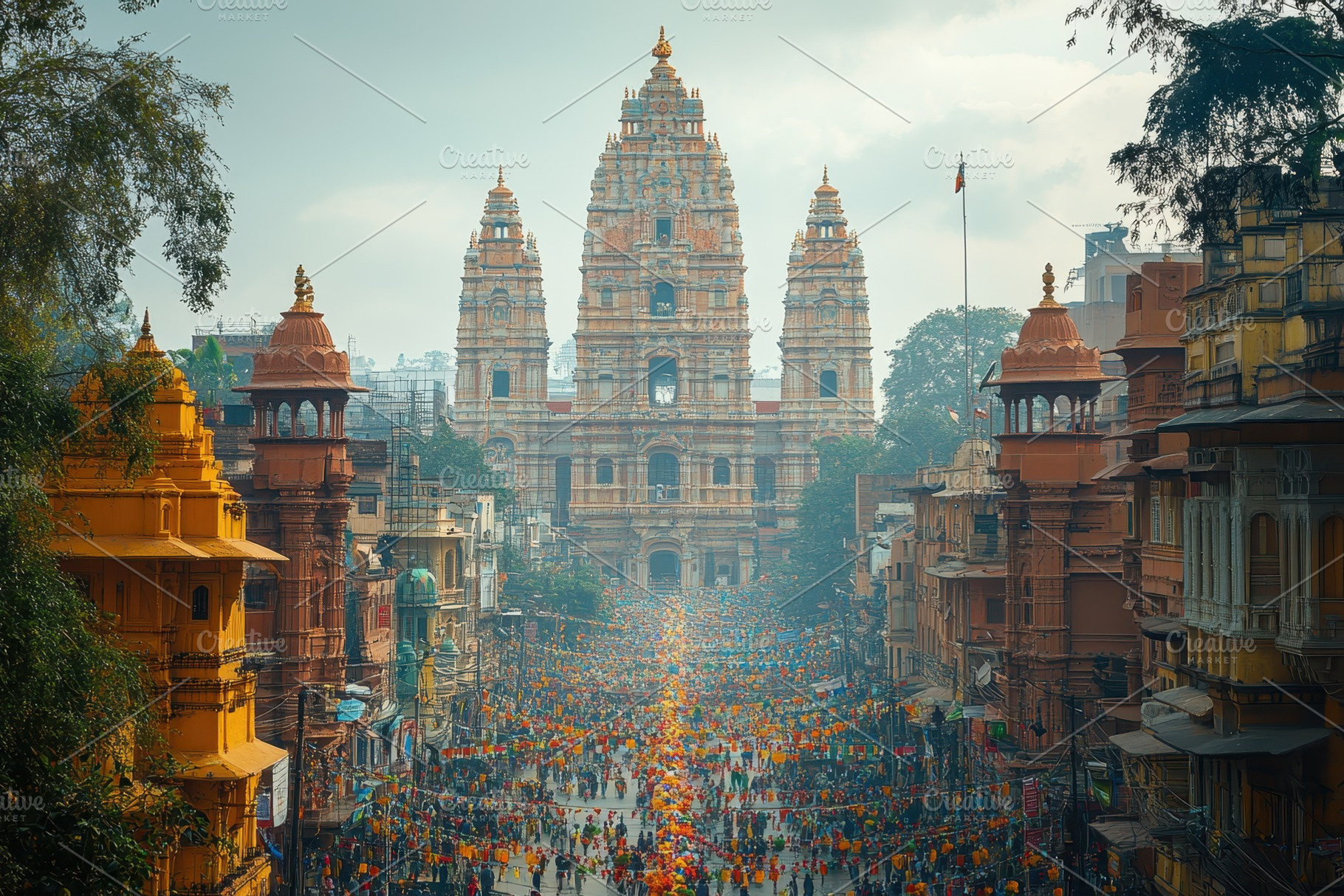Crowds gather for a colorful festiva, a Photo by Tanuart