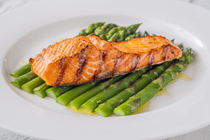 Grilled Salmon Fillet With Fresh Asparagus On Elegant White Plat, a Food & Drink Photo by Alexander Prokopenko