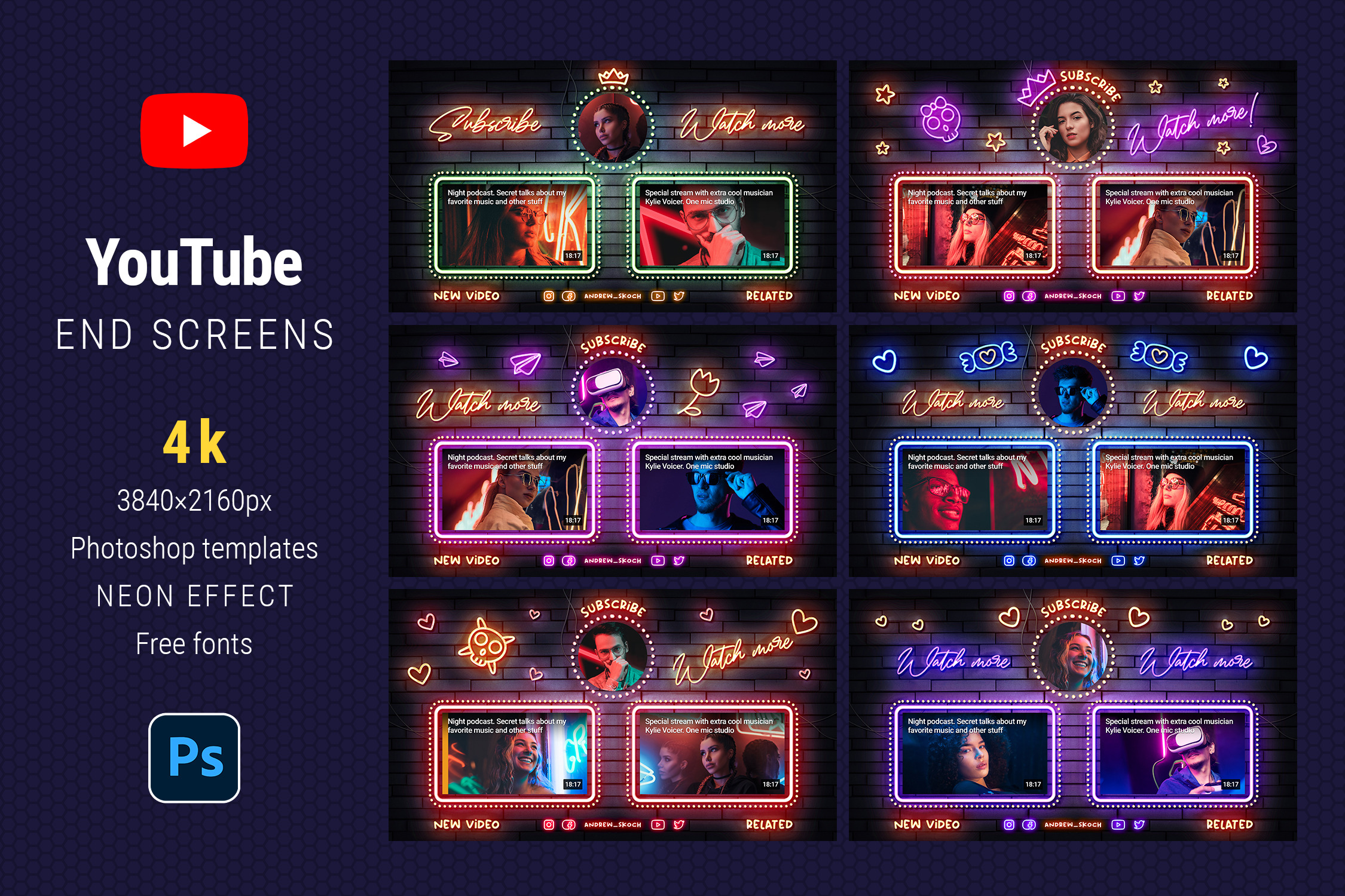 Neon YouTube End Screens, a Social Media Template by Andrew Skoch Design