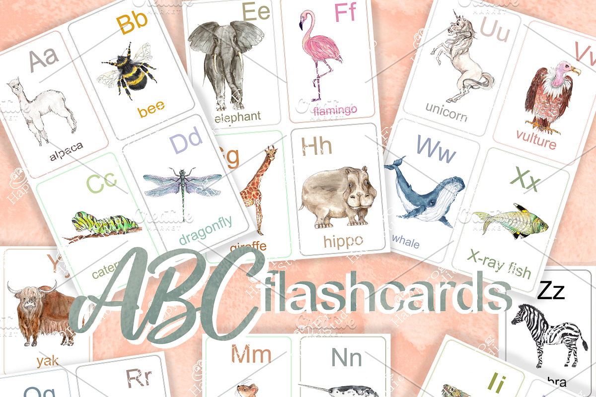 Animals ABC Flashcards, Alphabet, an Animal Illustration by Arevka