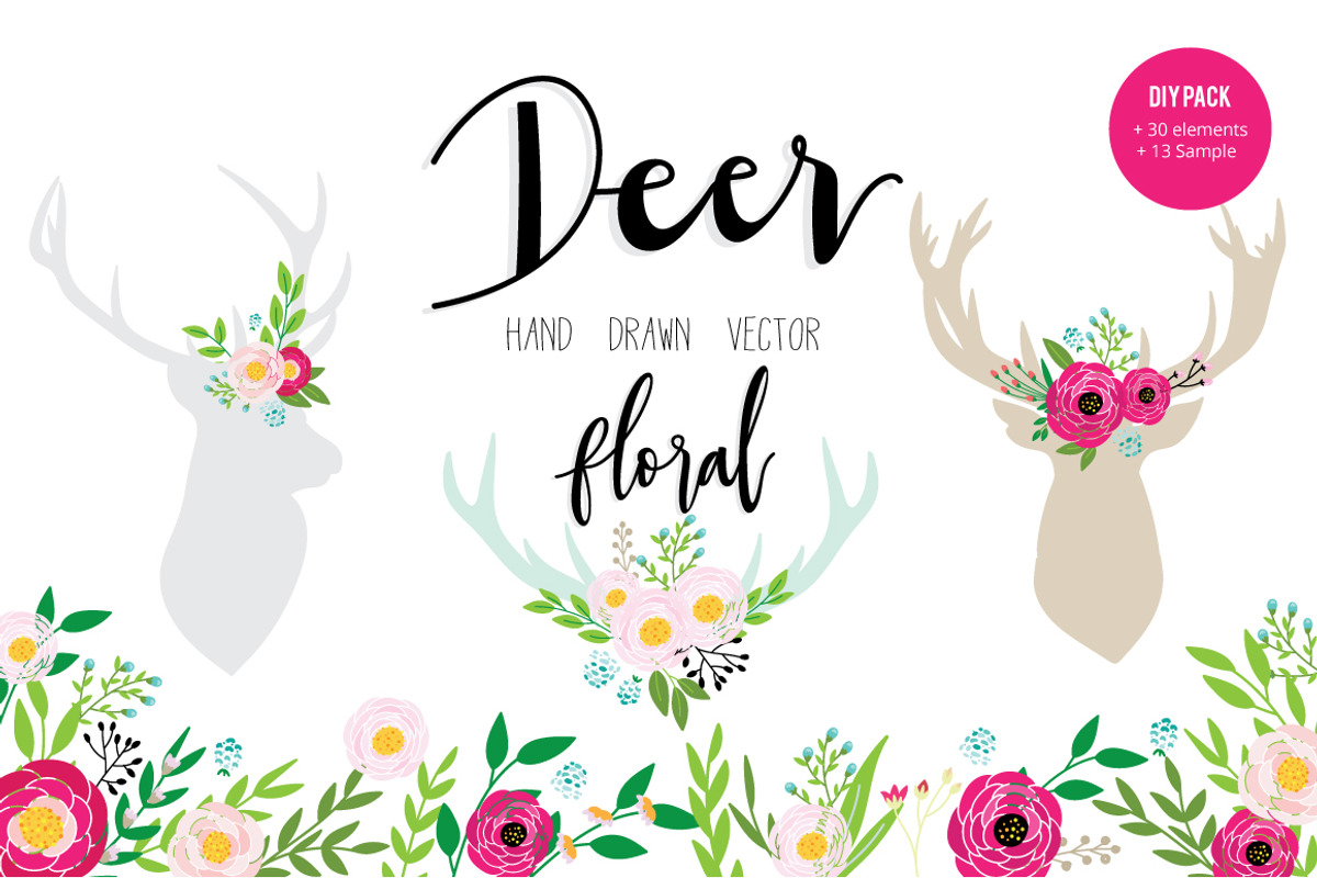DEER AND FLORAL HAND DRAWN VECTOR, an Animal Illustration by MooBeer