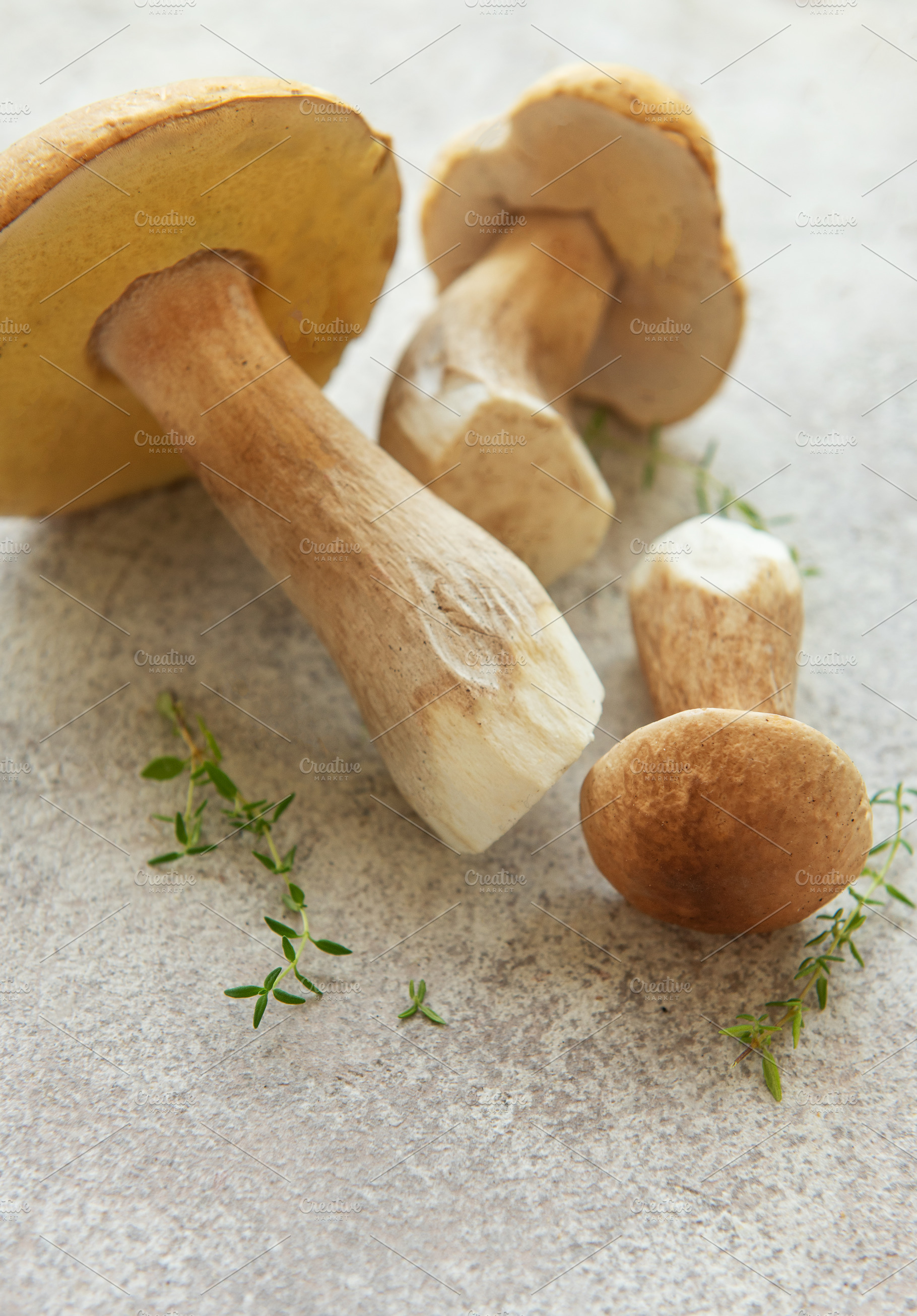 Fresh penny bun mushrooms with thyme on gray background, a Food & Drink Photo by Olena Rudo