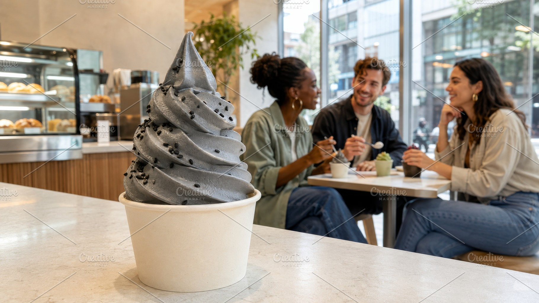 Black sesame ice cream on table in c, a Photo by Dvoevnore photos