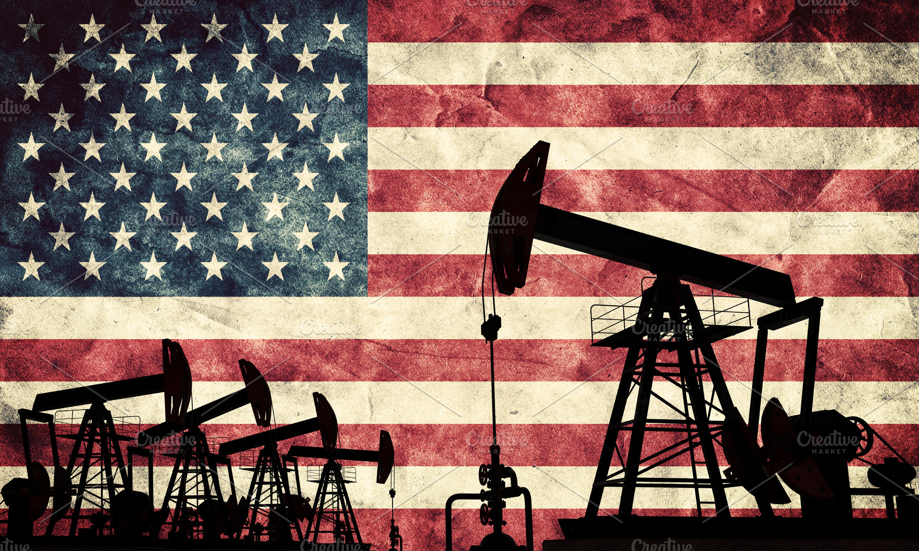Oil pump jack on flag of USA., an Industrial Photo by Photocreo Michal Bednarek