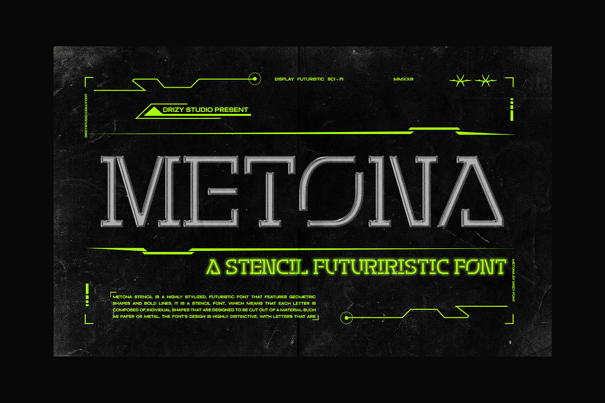 Metona - A Stencil Futuristic Font, a Slab Serif Font by Drizy (Photo 1 of 9)