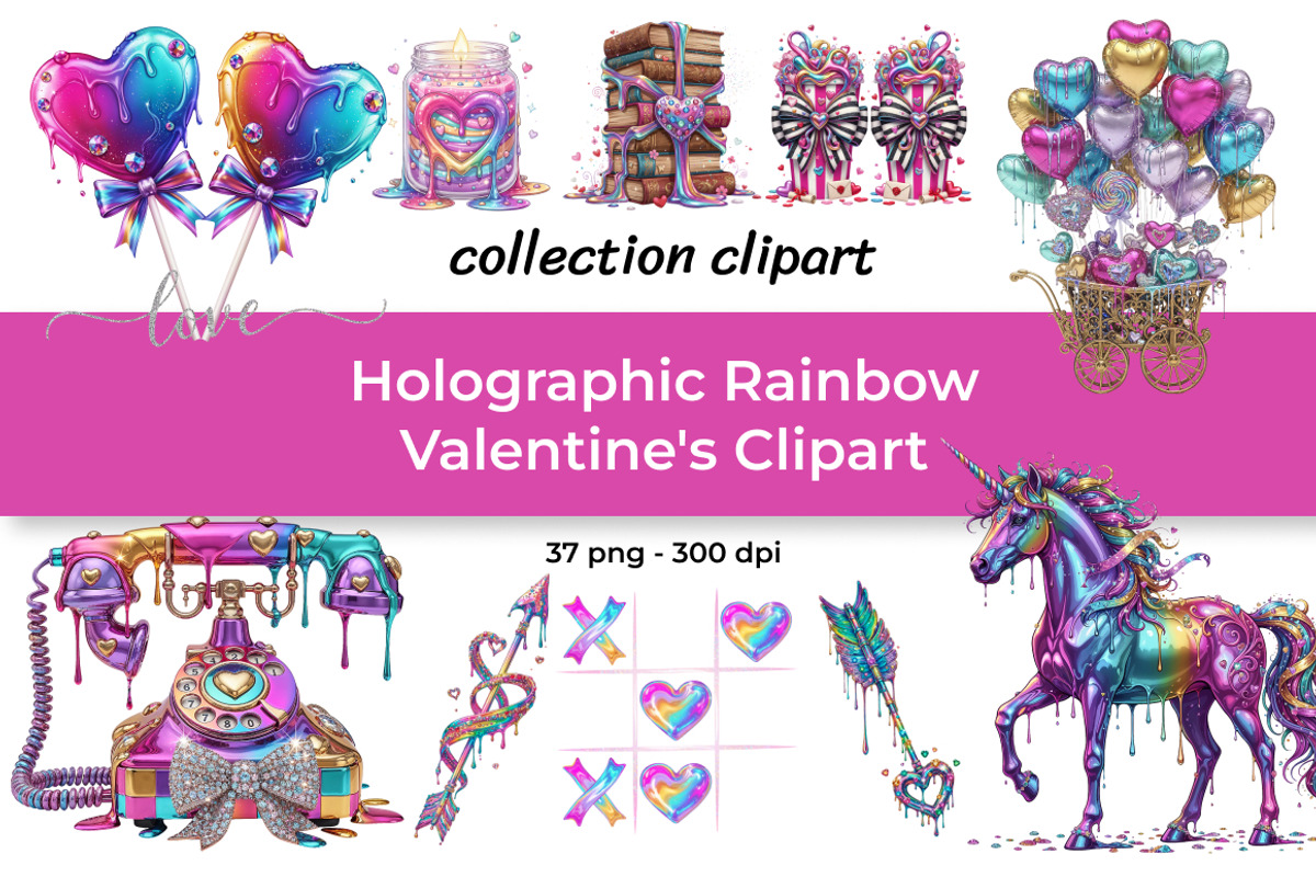 Holographic Rainbow Valentine's Set, a Seasonal Illustration by InkyQueenArt (Photo 1 of 7)