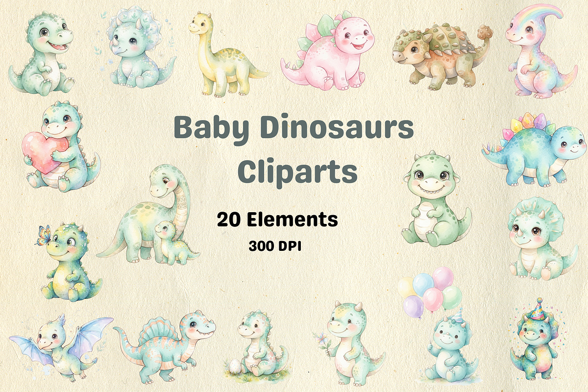 watercolor Baby Dinosaurs cliparts, an Animal Illustration by BerryPieArt (Photo 1 of 4)