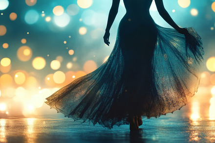 Elegant Silhouette of a Woman in a Flowing Gown with Lights