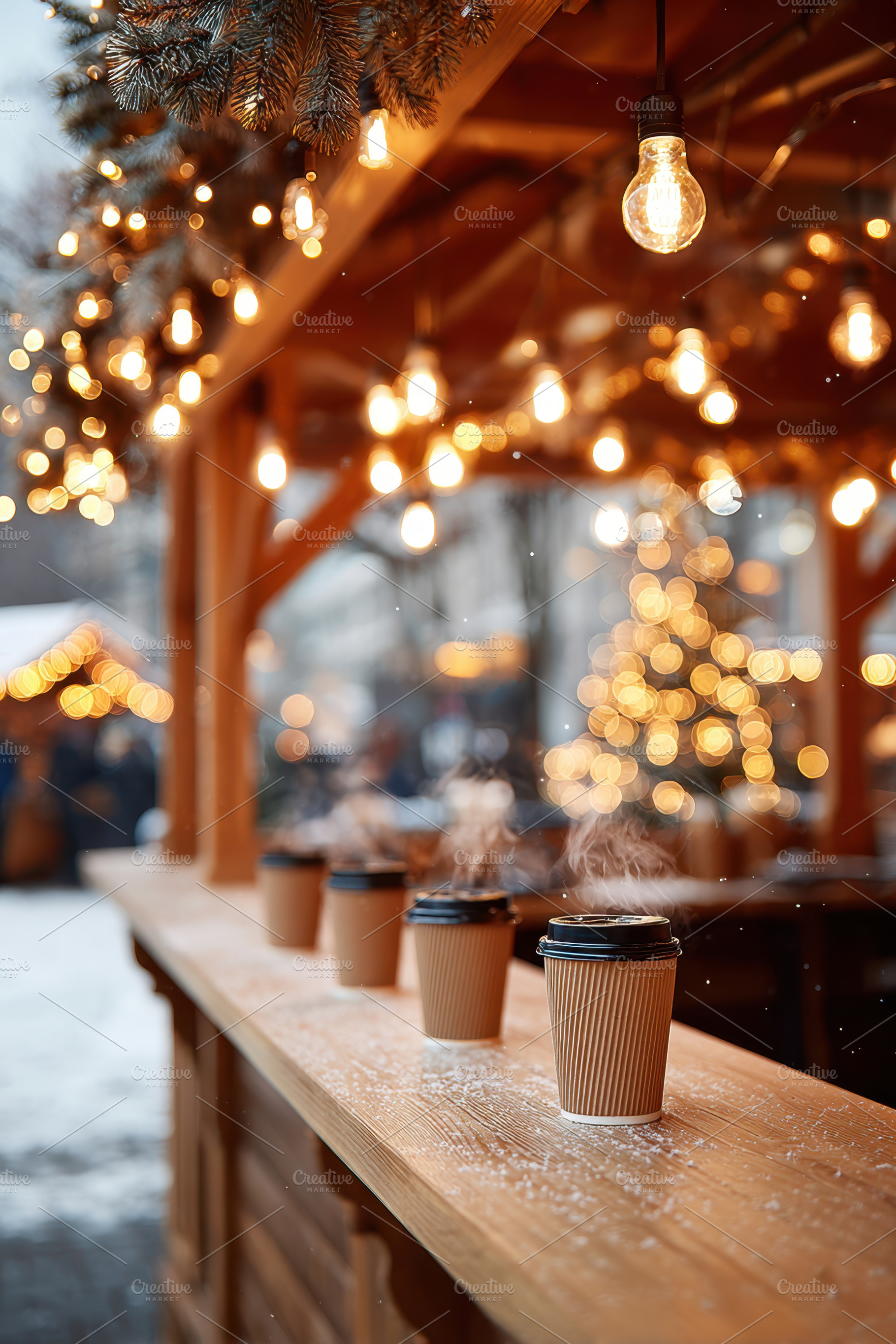 Cozy outdoor coffee scene with festive lights, a Food & Drink Photo by AlyaAnd