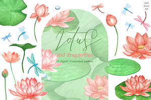 Lotus Clipart, Seamless Pattern.