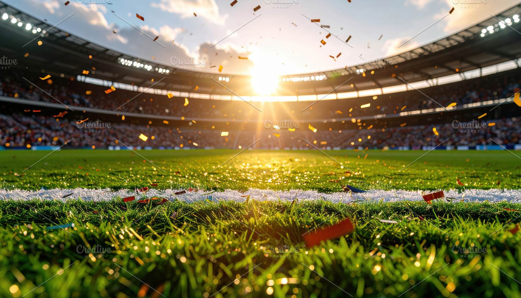 Empty Soccer Stadium with Confetti at Sunset, a Sports & Recreation Photo by Davizro's Market