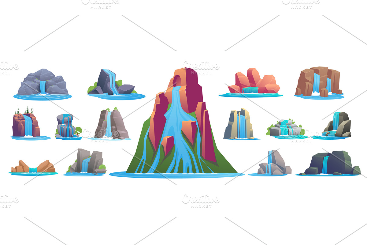 Cartoon style waterfalls. Collection, an Illustration by Vectorbuum