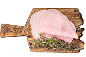 Delicious slices of cured ham on a wooden platter, ideal for ent, a Food & Drink Photo by composter-box@mail.ru