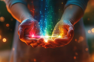 Hands Holding Colorful Energy Light Outdoors, an Abstract Photo by Natalia Klenova's Shop