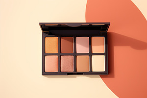 Makeup eyeshadow palette with mirror on colorful background. Cosmetic products, a Beauty & Fashion Photo by AlyaAnd