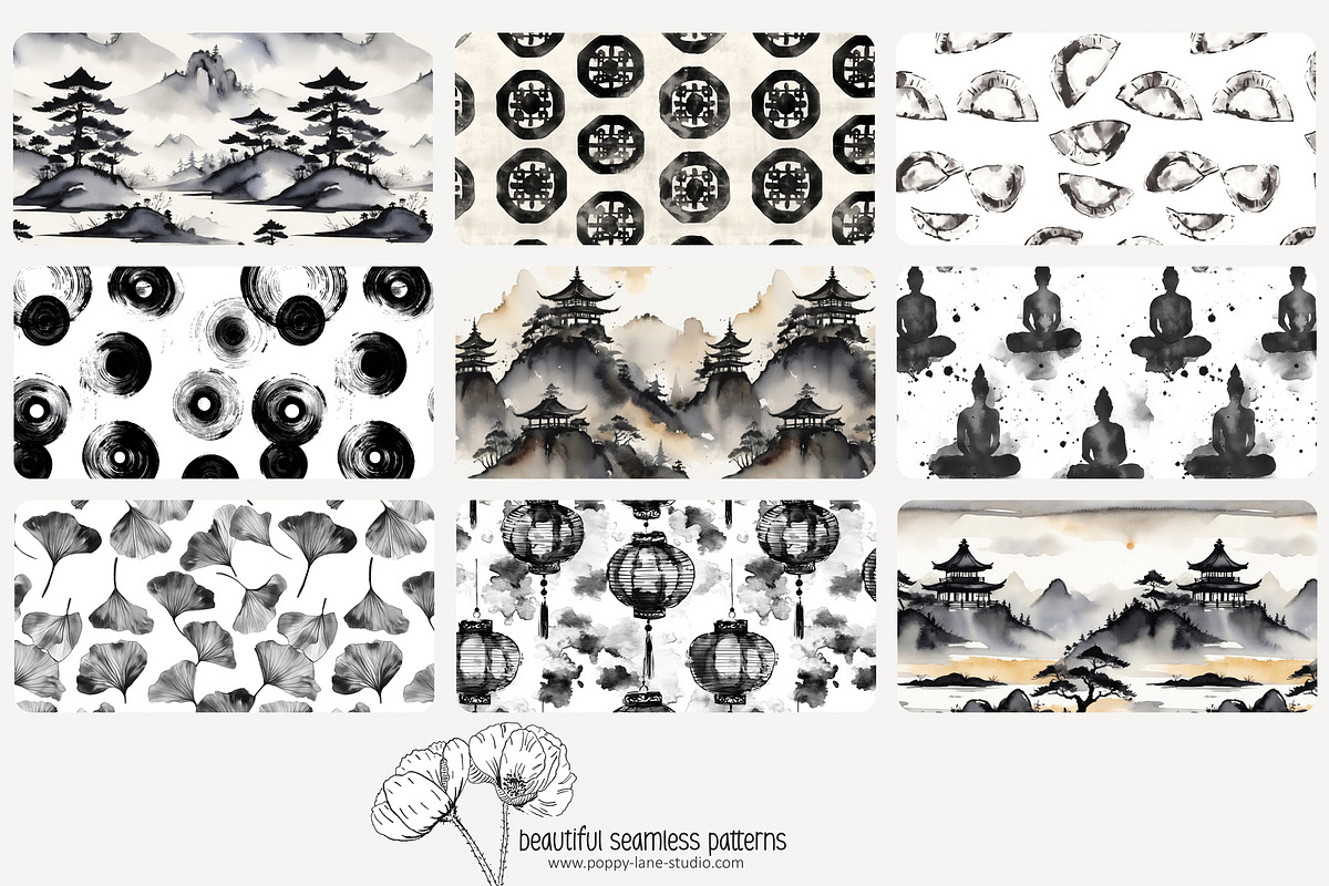 70 Asian ink wash seamless pattern, a Pattern Graphic by Poppy Lane Studio (Photo 8 of 10)