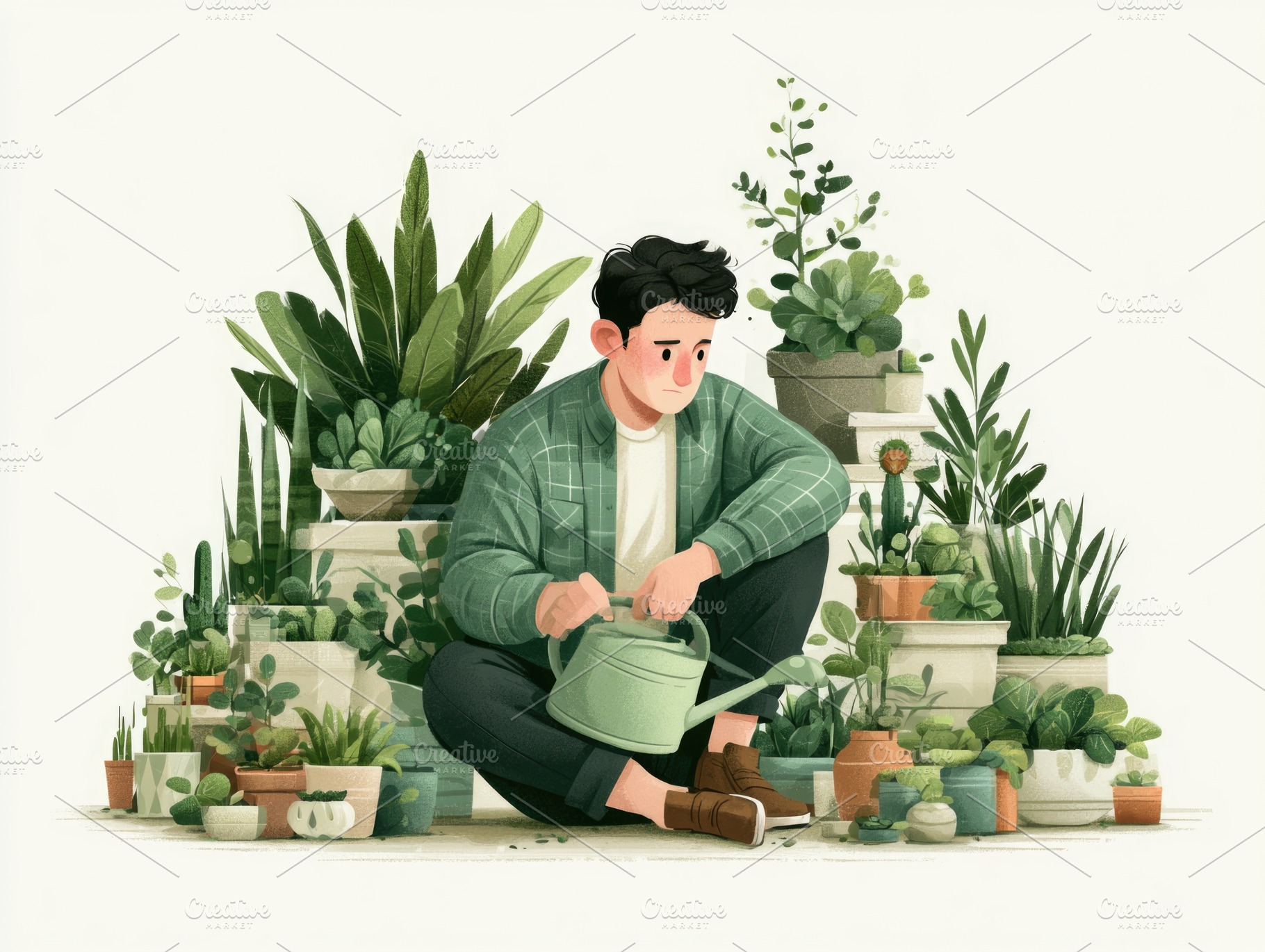 Man watering houseplants in cozy indoor garden illustration, a Business Photo by José Manuel Gelpi