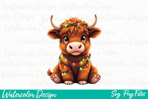 Cute Highland Cow with Christmas, an Illustration by Watercolor design