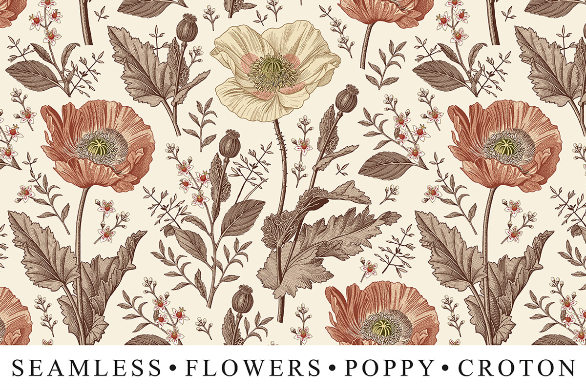 Seamless Set Flowers Poppy Poppies, a Pattern Graphic by Vintage (Photo 1 of 11)