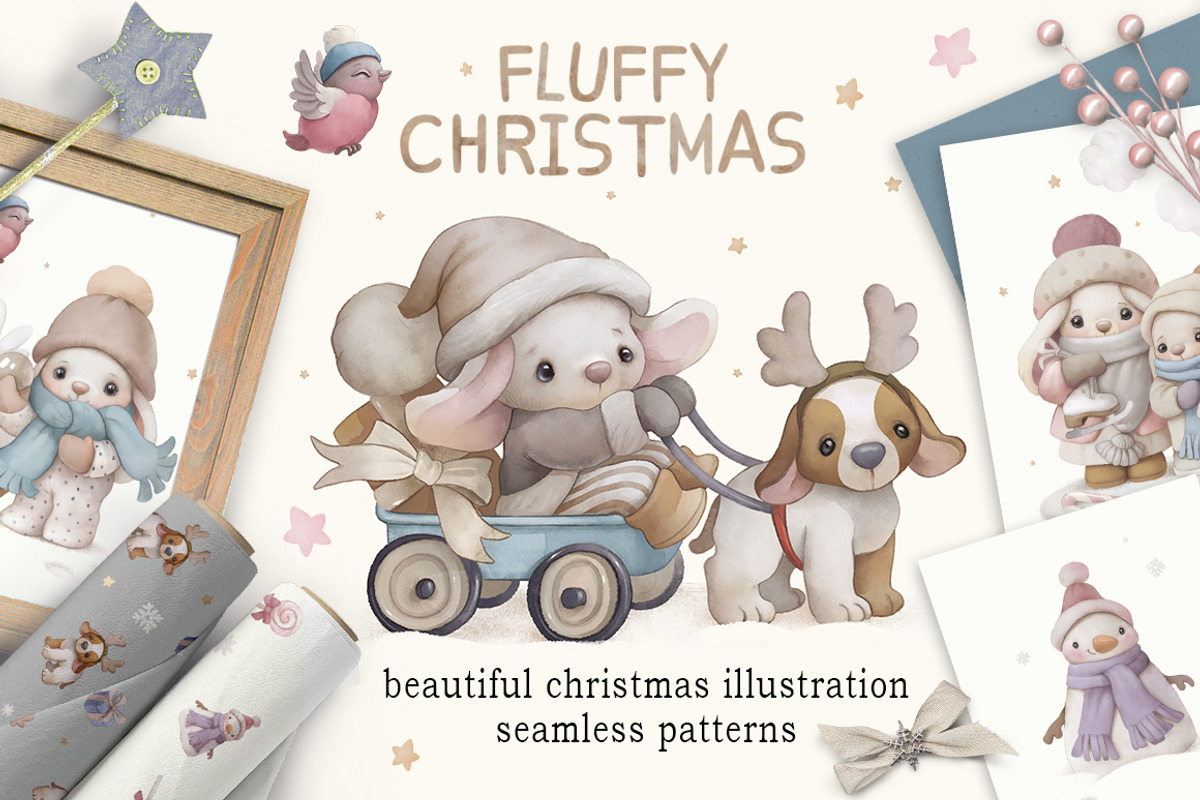 Watercolor Christmas baby rabbit Set, a Seasonal Illustration by TanyaSchuka (Photo 1 of 11)