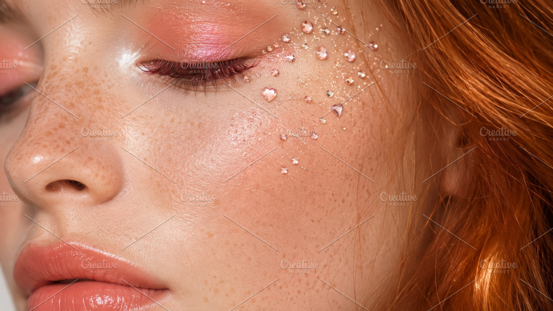 Closeup of a womans face with rhines, a Photo by Dvoevnore photos
