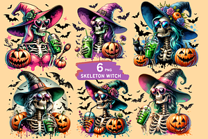 Retro Witch Skeleton and Iced Coffee, a Seasonal Illustration by Bubble Pixel