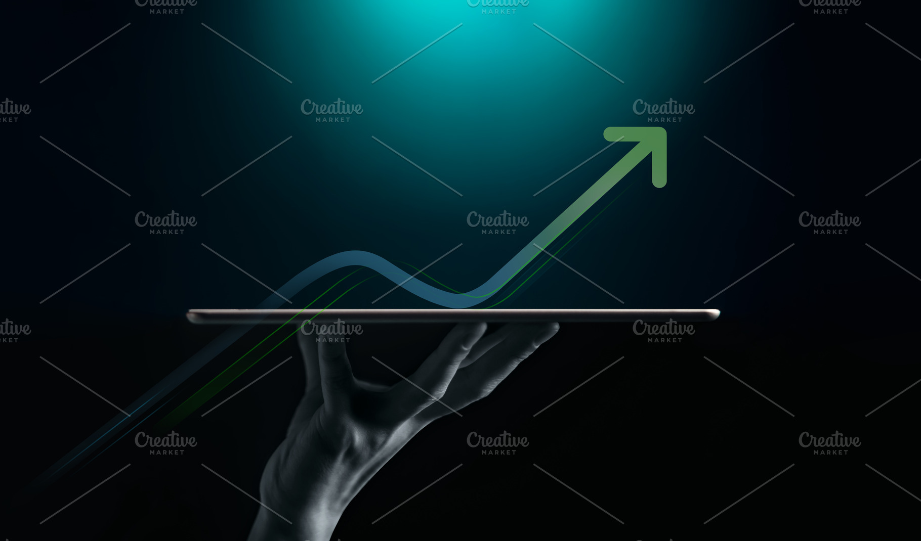 A hand presents a digital tablet beneath a rising graph and arro, a Photo by salmon.black