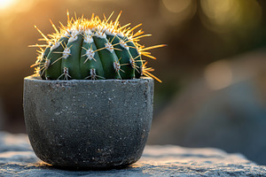 Prickly cactus in a concrete pot glowing under warm sunlight during golden hour, a Nature Photo by AlyaAnd