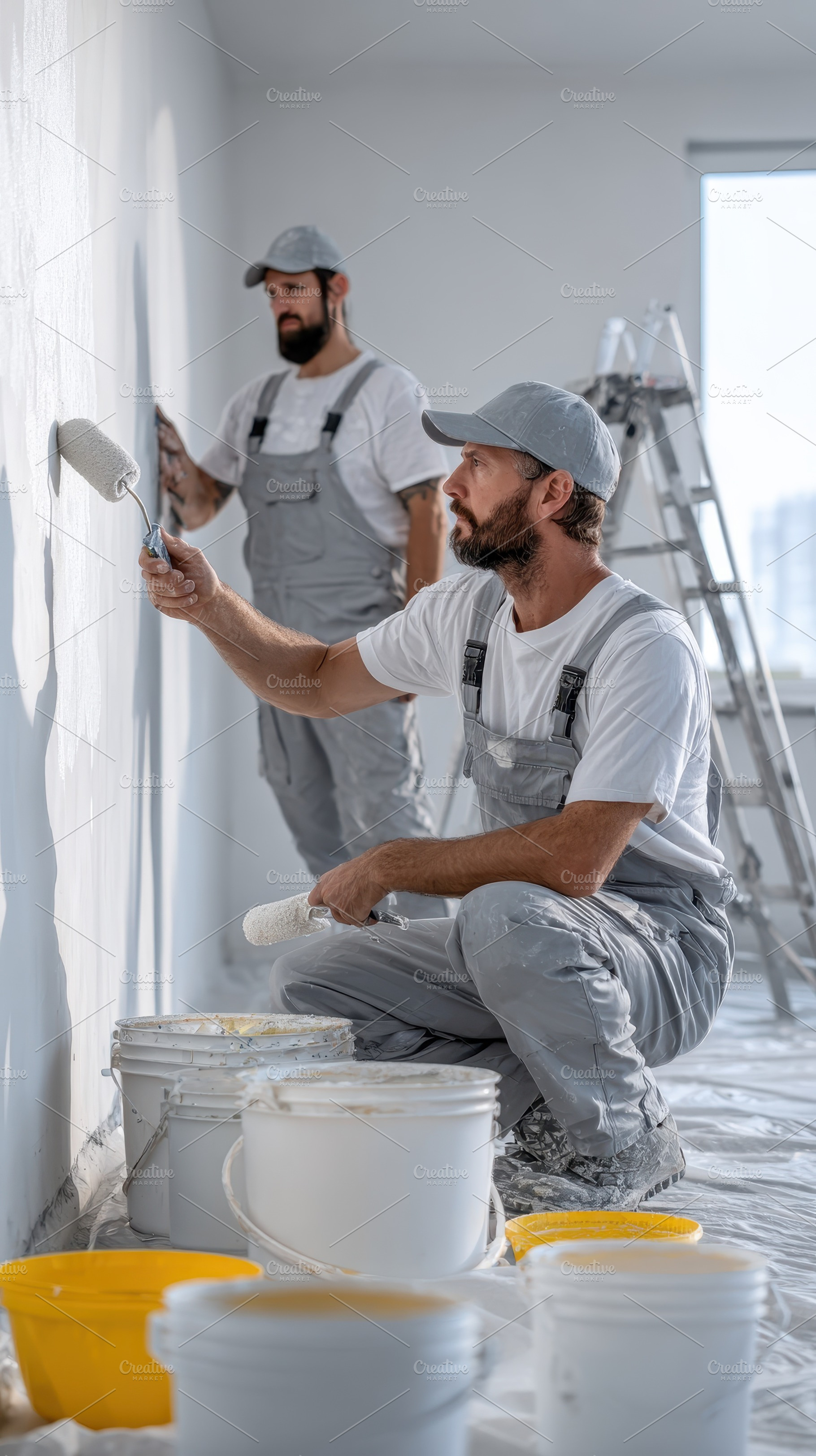 Two Painters Working on Wall Renovat, a Photo by Pixeness Studio