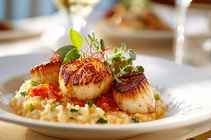 Scallops served on creamy risotto with herbs and tomatoes at a fine dining rest, a Food & Drink Photo by AlyaAnd