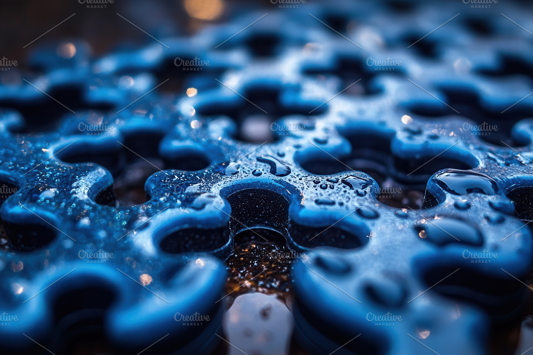 Blue puzzle pieces with water drople, a Photo by Tanuart