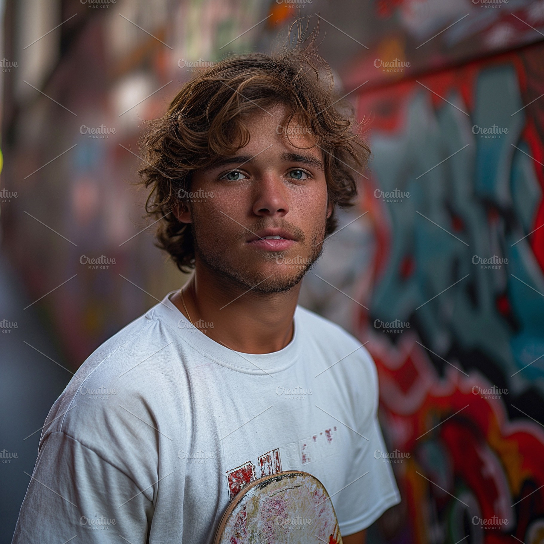 A young Caucasian male with tousled hair stands in front of a colorful graffiti, a Person Photo by ImageMir