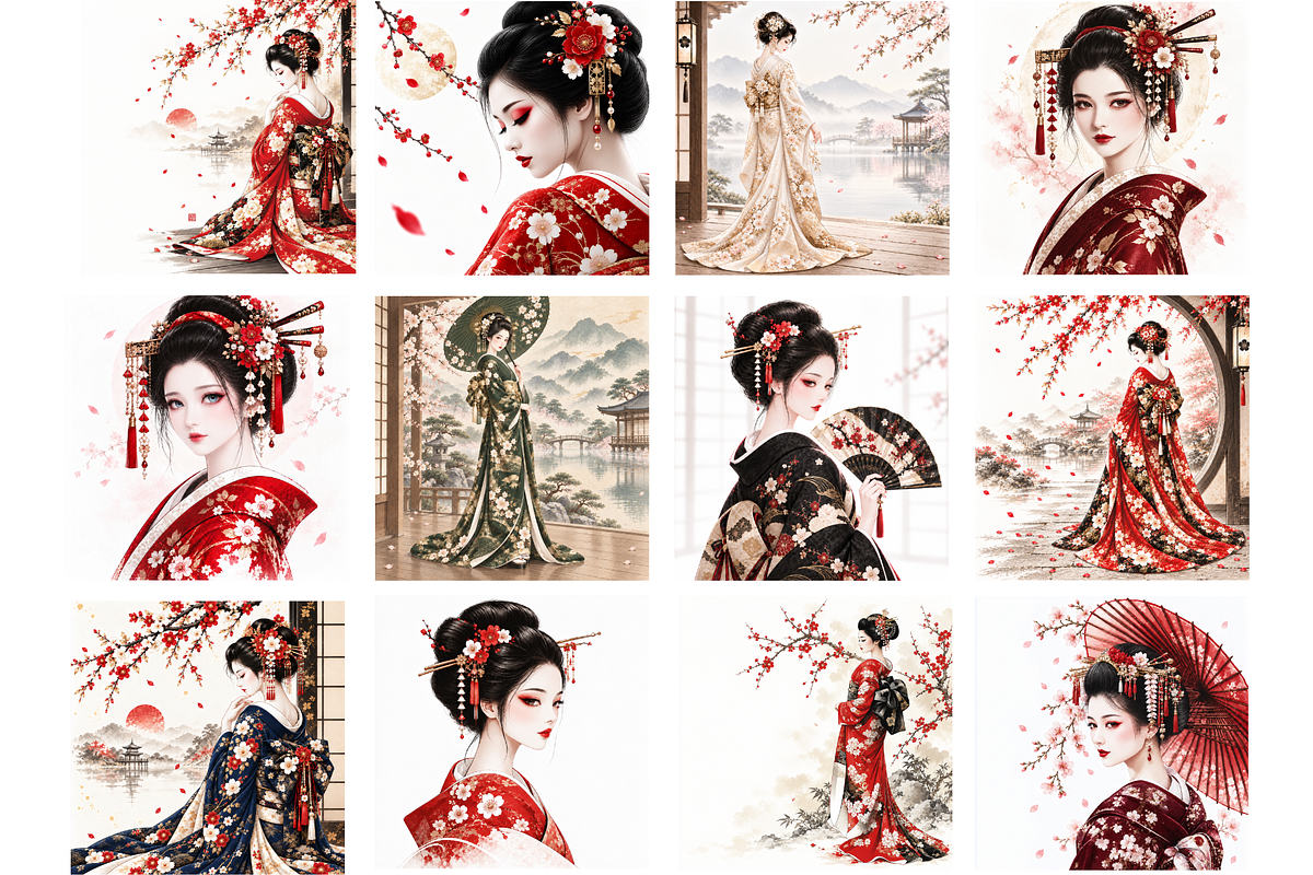 Elegant Geisha Illustrations, a Person Illustration by MarisoArt (Photo 3 of 6)