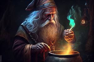 elderly alchemist monk brews magic potion, a Person Photo by Olyryk & Aglo