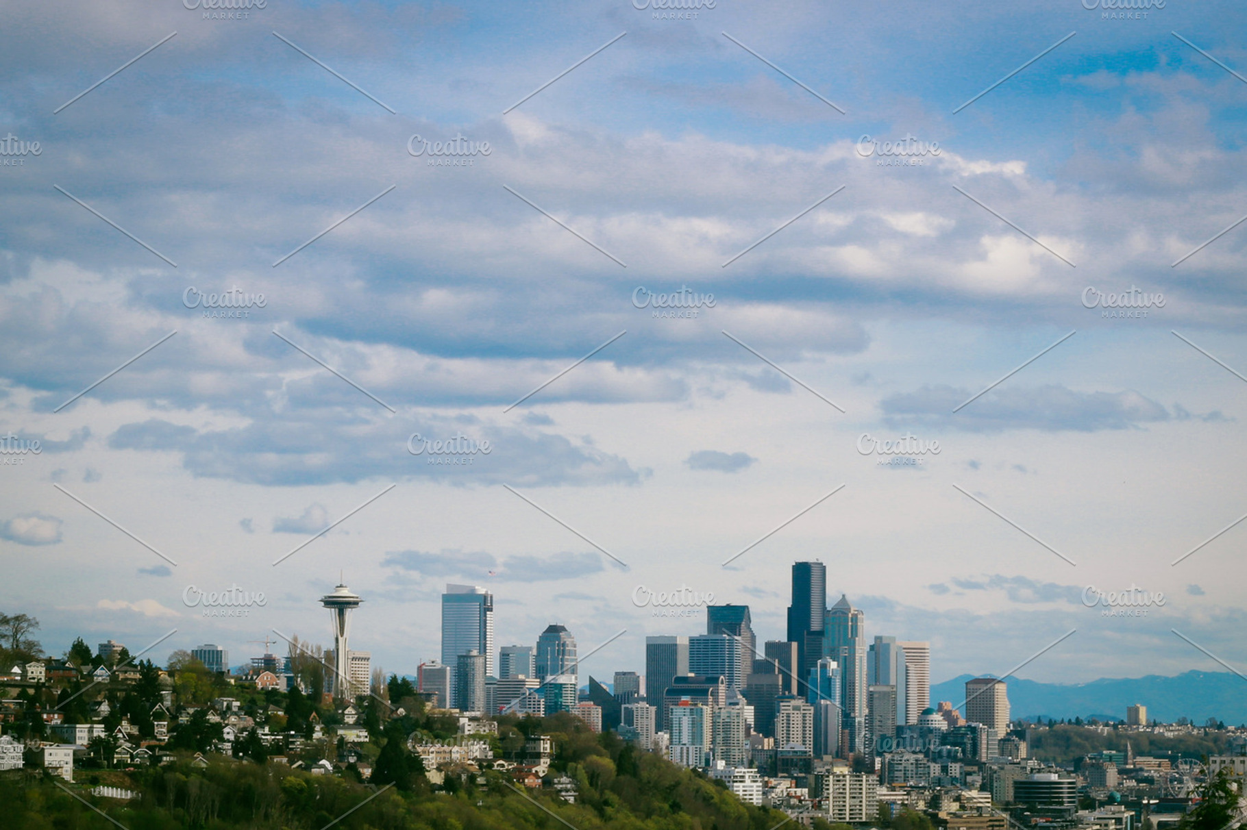 Seattle skyline containing skyline, space needle, and sky scrapers