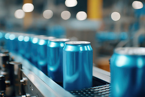 Blue aluminum cans on conveyor belt in factory, a Food & Drink Photo by AlyaAnd