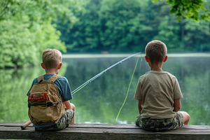 Boys fishing on a peaceful bridge, a Photo by Pavel_design