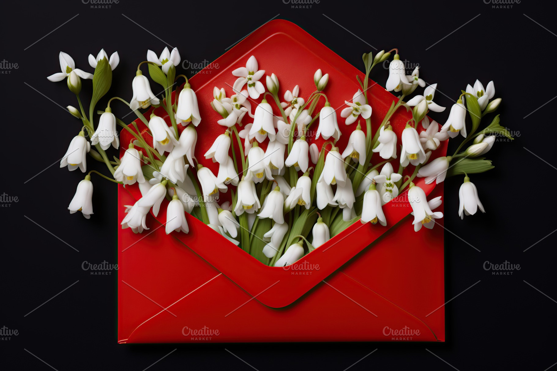 Blooming snowdrop flowers in letter envelope on black background, a Nature Photo by AlyaAnd