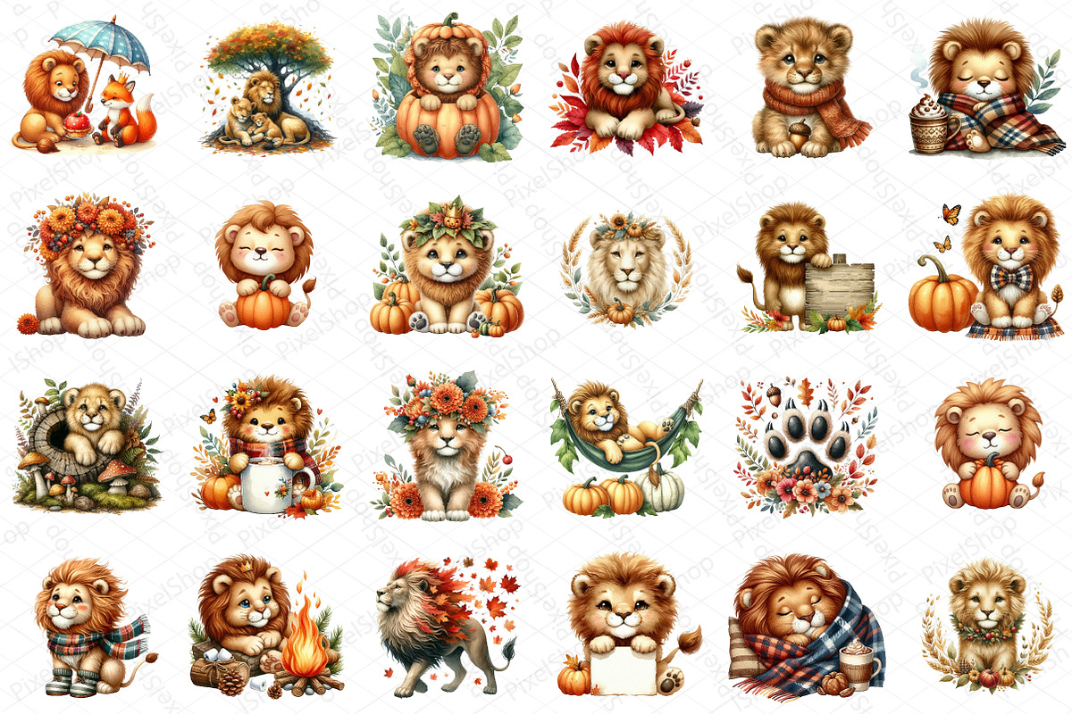 Watercolor Autumn Lion Clipart, an Illustration by DreamPrint404 (Photo 5 of 6)