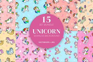 15 Set Cute Unicorn Magical Seamless