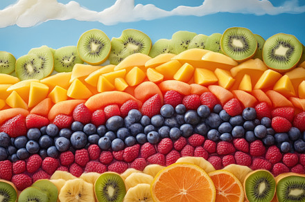 A vibrant arrangement of various fruits including kiwi, melon, berries, and ora, a Food & Drink Photo by Textures & Backgrounds