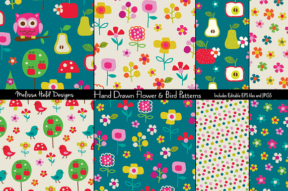 Hand Drawn Flower & Bird Patterns preview 2