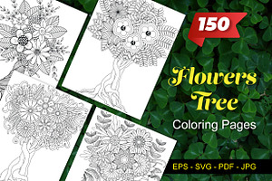 150 Flowers Tree Coloring Vector