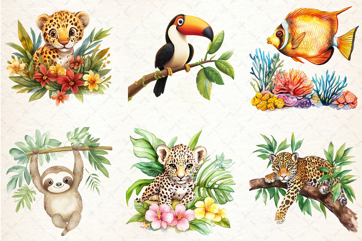 Watercolor Tropical Animals Clipart, a Seasonal Illustration by Rose Art (Photo 3 of 4)