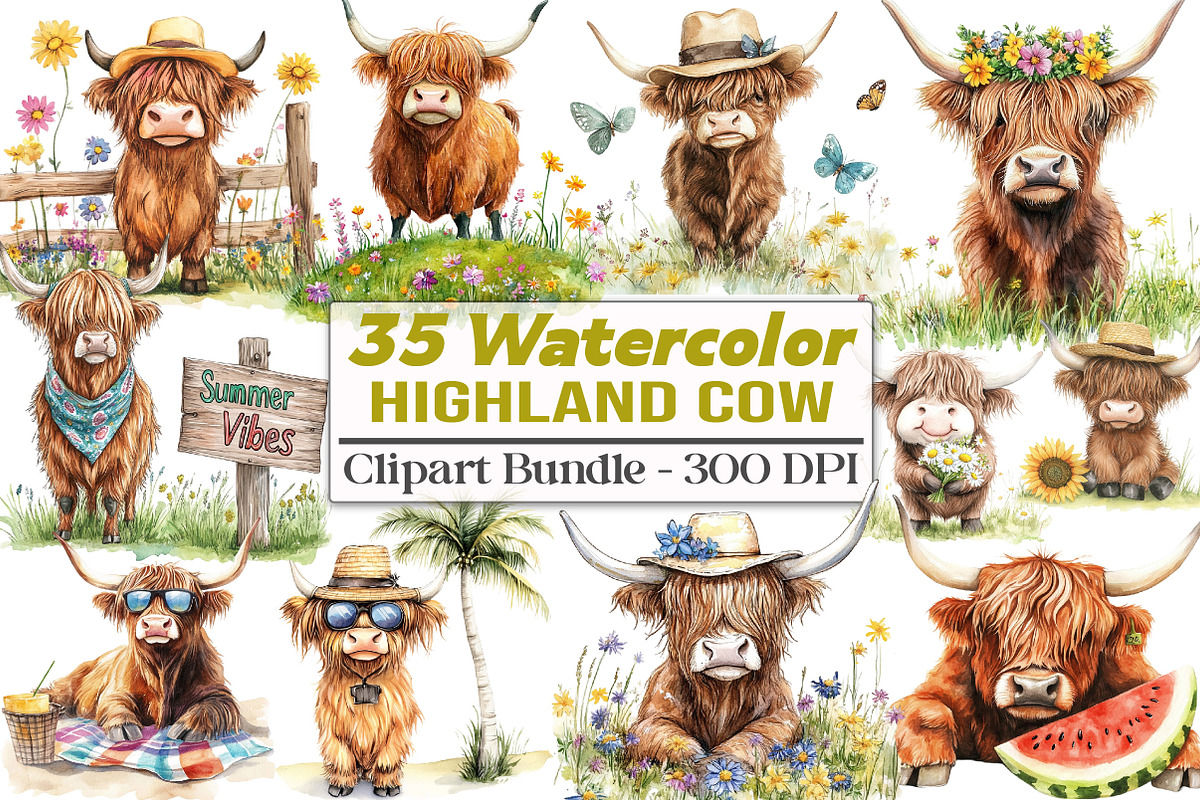 Summer Highland cow clipart Set, an Illustration by DreamCafeArt (Photo 1 of 5)