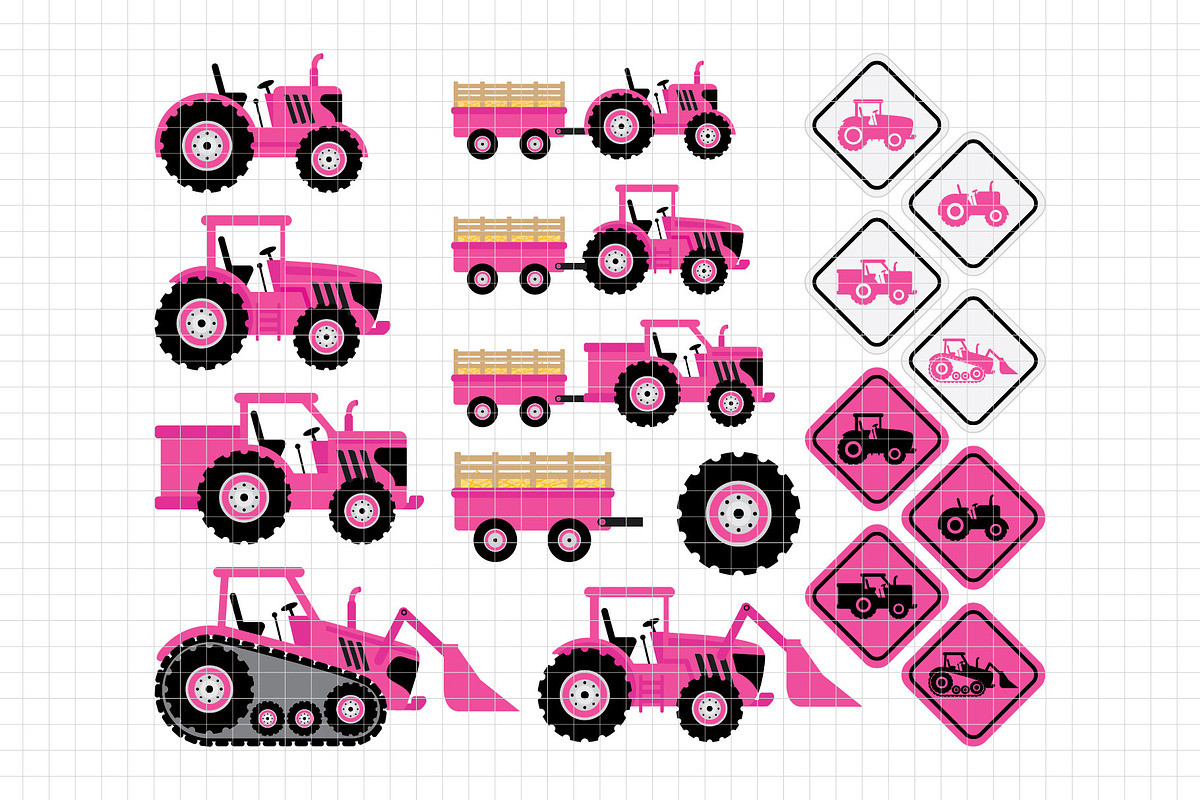 Pink Tractors Clipart (DC57B), a Decorative Illustration by Printablestore
