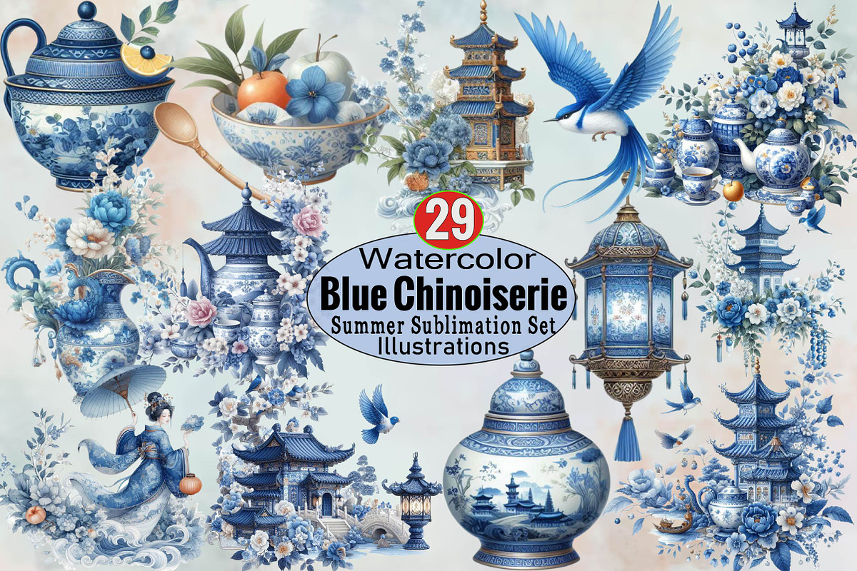Blue Chinoiserie Summer Sublimation, an Illustration by SVGArt (Photo 1 of 7)