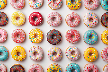 Pattern of sweet and colorful donuts, a Food & Drink Photo by AlyaAnd