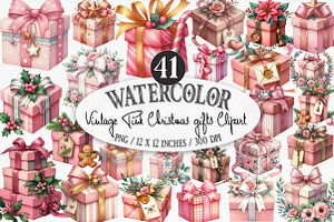 Vintage Pink Christmas Gifts Clipart, an Illustration by Designking