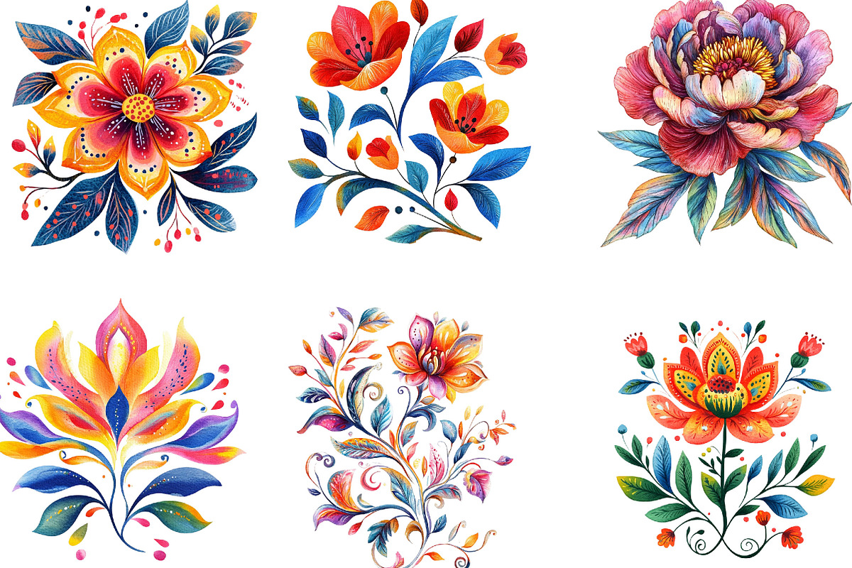 Watercolor Colorful Folk Floral, an Illustration by Designking (Photo 3 of 5)